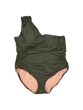 J Crew Plus Size 24 Ruched One Shoulder One Piece Swim Suit Safari Green‎ UPF 50